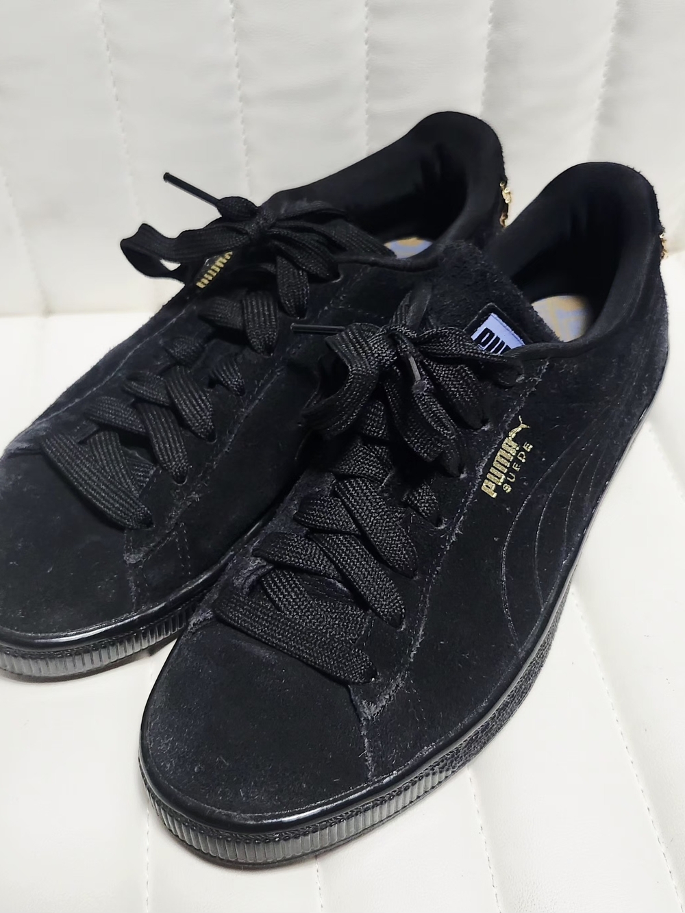Puma Black Velvet Sneakers with Gold Chain Accent